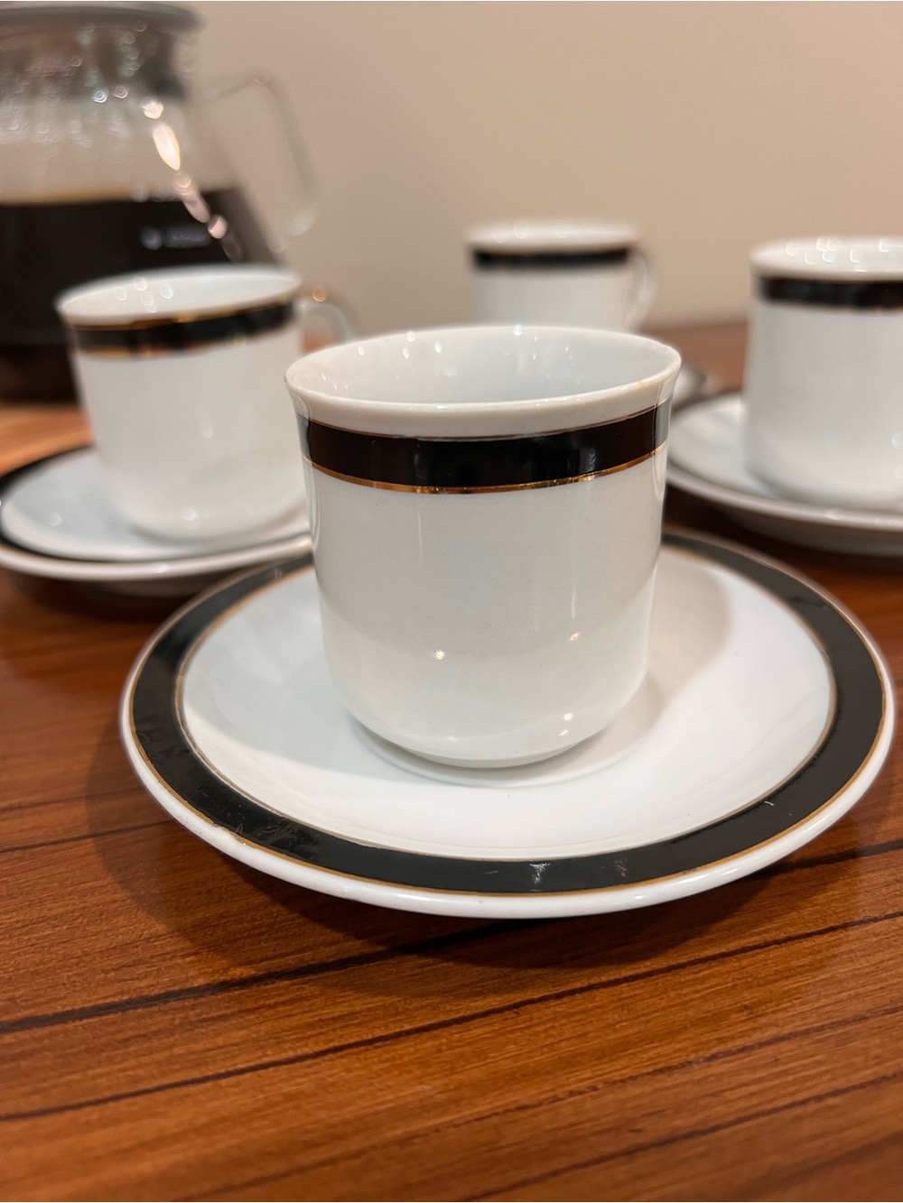 Vintage Japan Espresso Cup & Saucer Set Black & Gold Trim -4 ea.Mid Century MCM